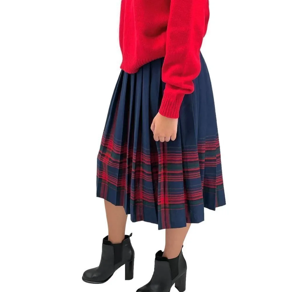 Vintage Pendleton Wool Skirt Pleated Accordion Midi Length Navy Red Plaid | 6 P